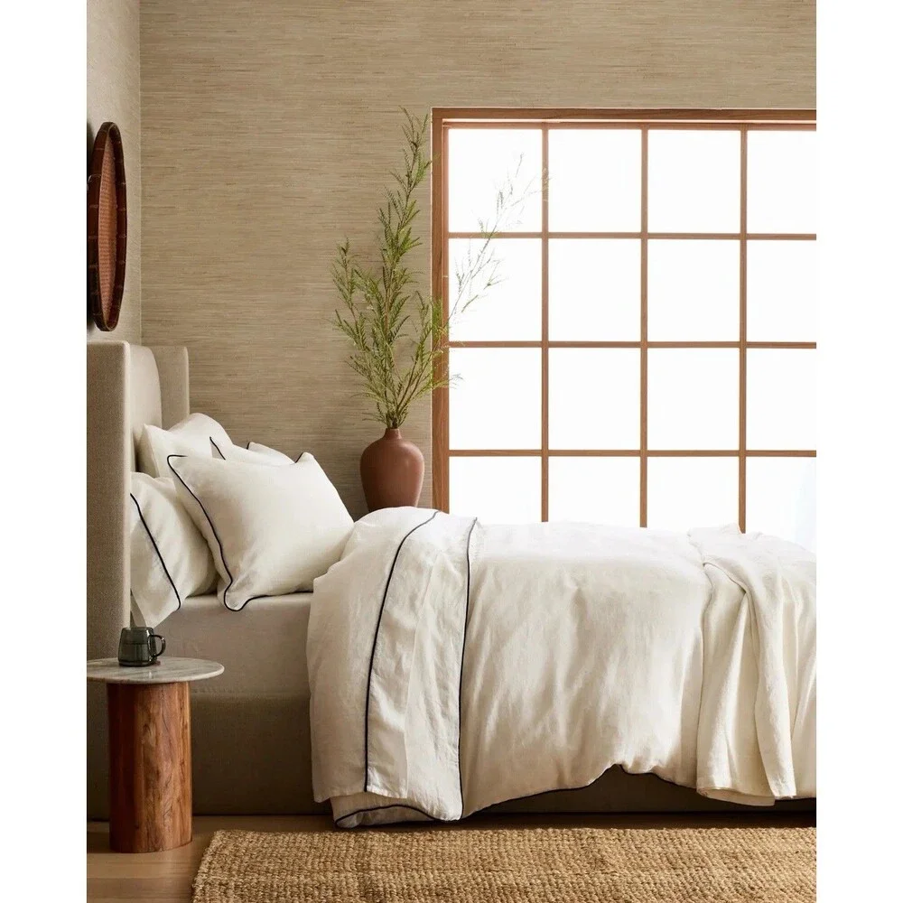 Quince European Linen Piped Duvet Cover Set King Cal King White Black New $204